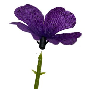 Close-up of a single purple artificial flower with a green stem and leaves, isolated on a white background.