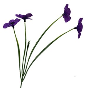 Four purple artificial flowers with green stems and leaves on a white background