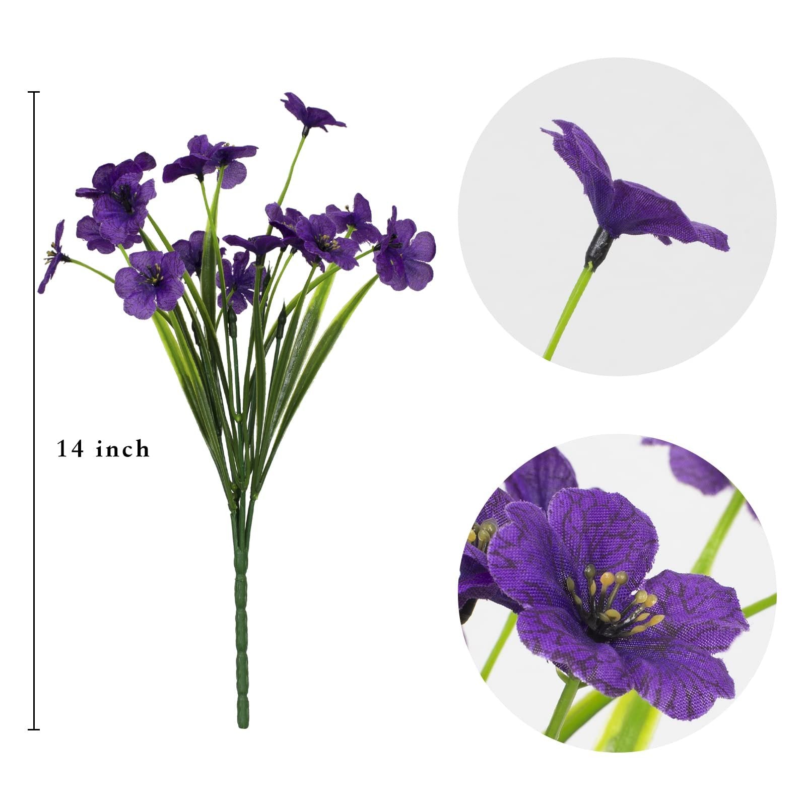 Bundle of 14-inch artificial purple flowers with green plastic stems and leaves, shown with close-up views.