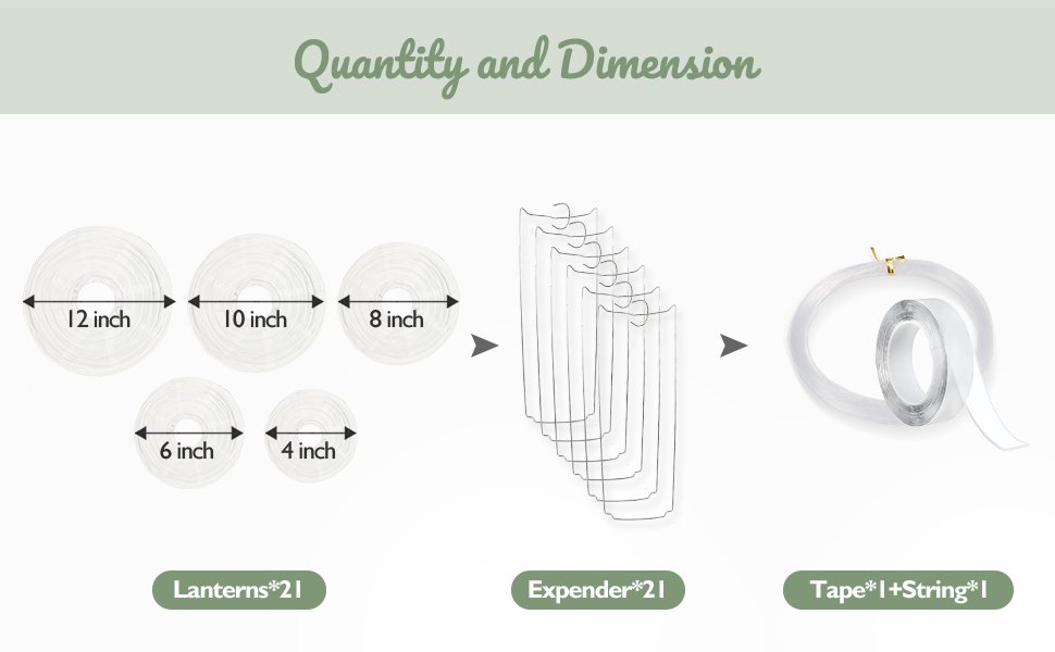 Set of 21 paper lanterns in various sizes with expanders and tape, showing dimensions.