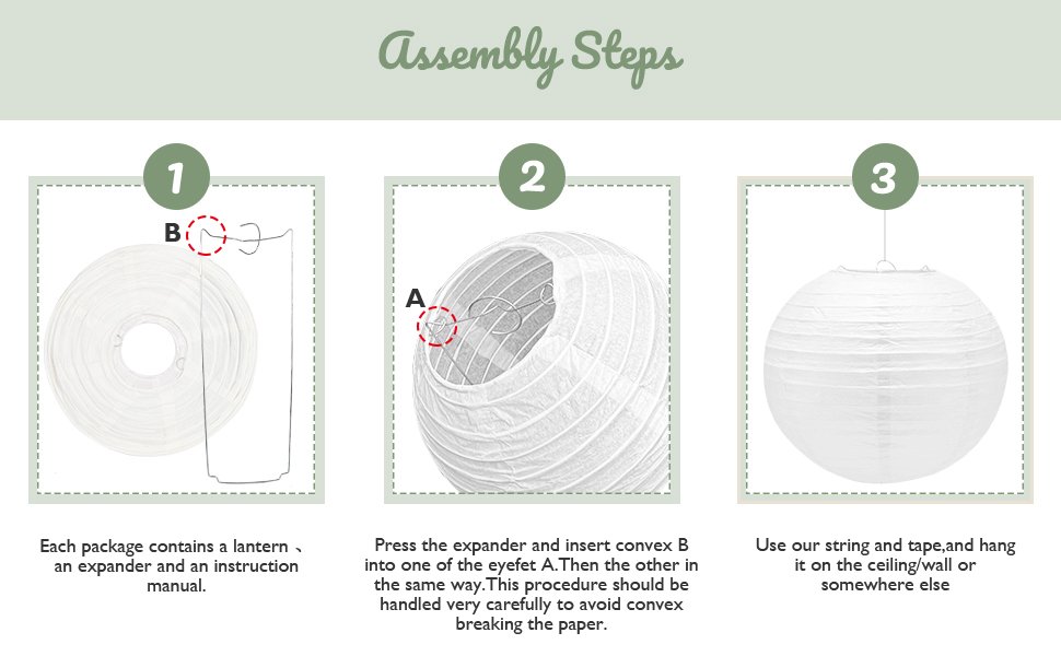 Assembly steps for white paper lanterns, showing unpacking, frame insertion, and hanging.