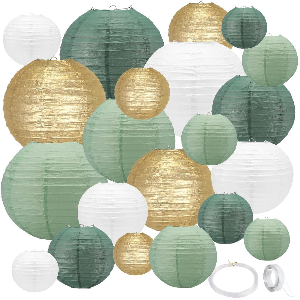 Assorted round paper lanterns in sage green, white, and gold, with hanging strings and adhesive tape.