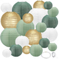 Assorted round paper lanterns in sage green, white, and gold, with hanging strings and adhesive tape.