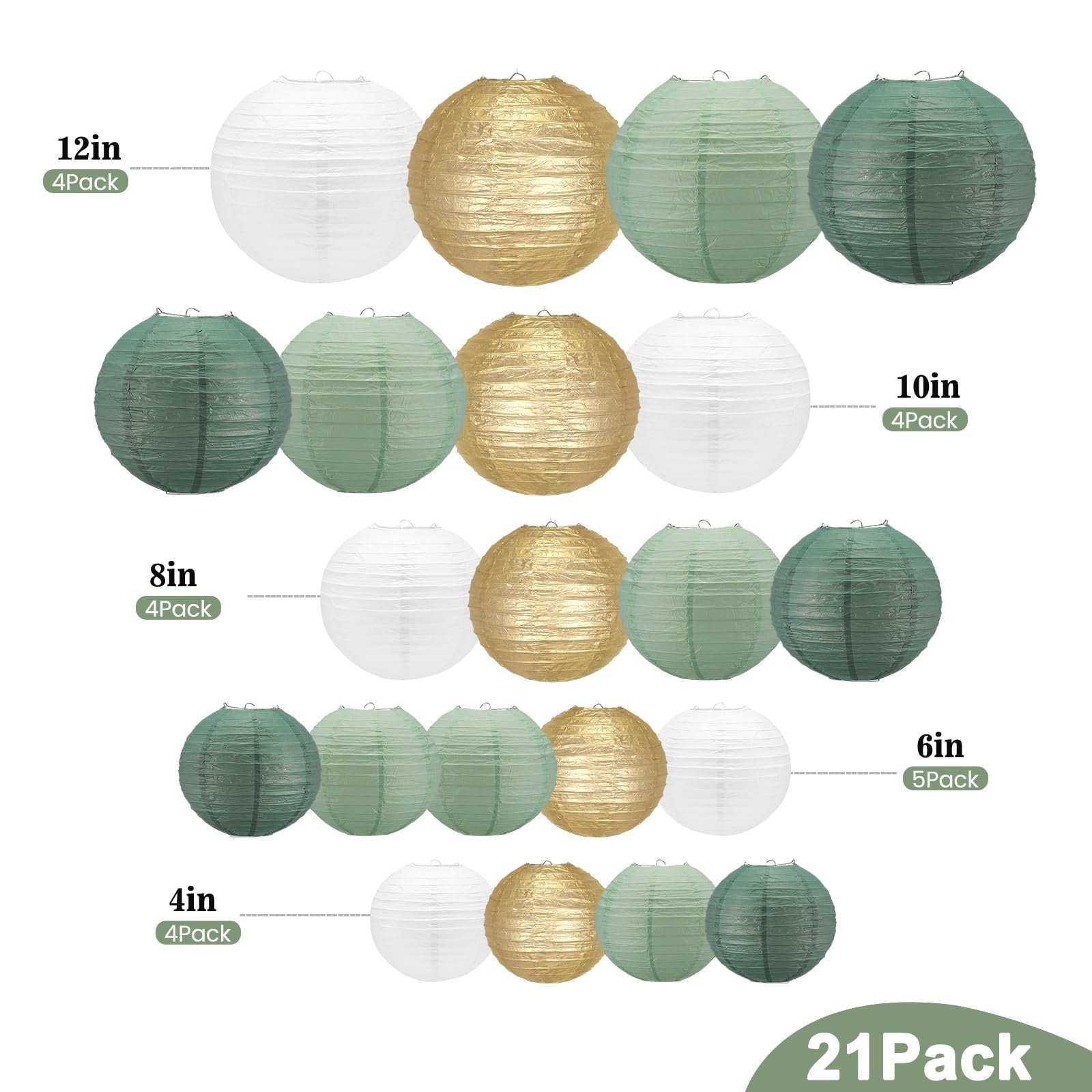 Assortment of round paper lanterns in white, gold, sage green, and dark green, organized by size and pack count.