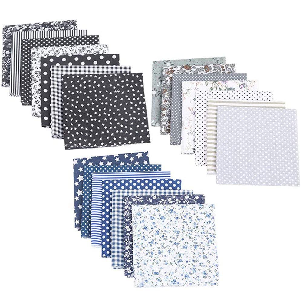 Stack of 21 floral printed cotton quilting fabric squares in black, grey, navy blue, and white series.
