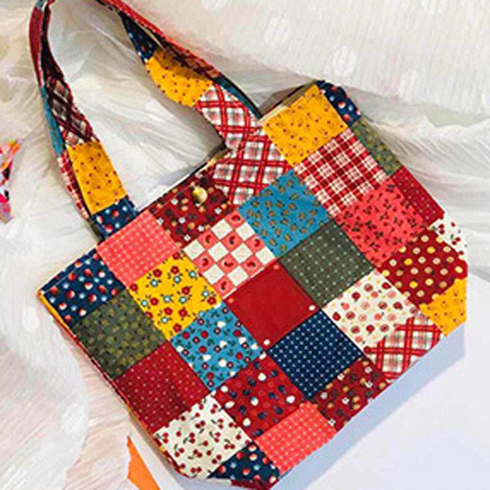 Patchwork tote bag made of various floral and plaid cotton fabric squares, shown from the front.
