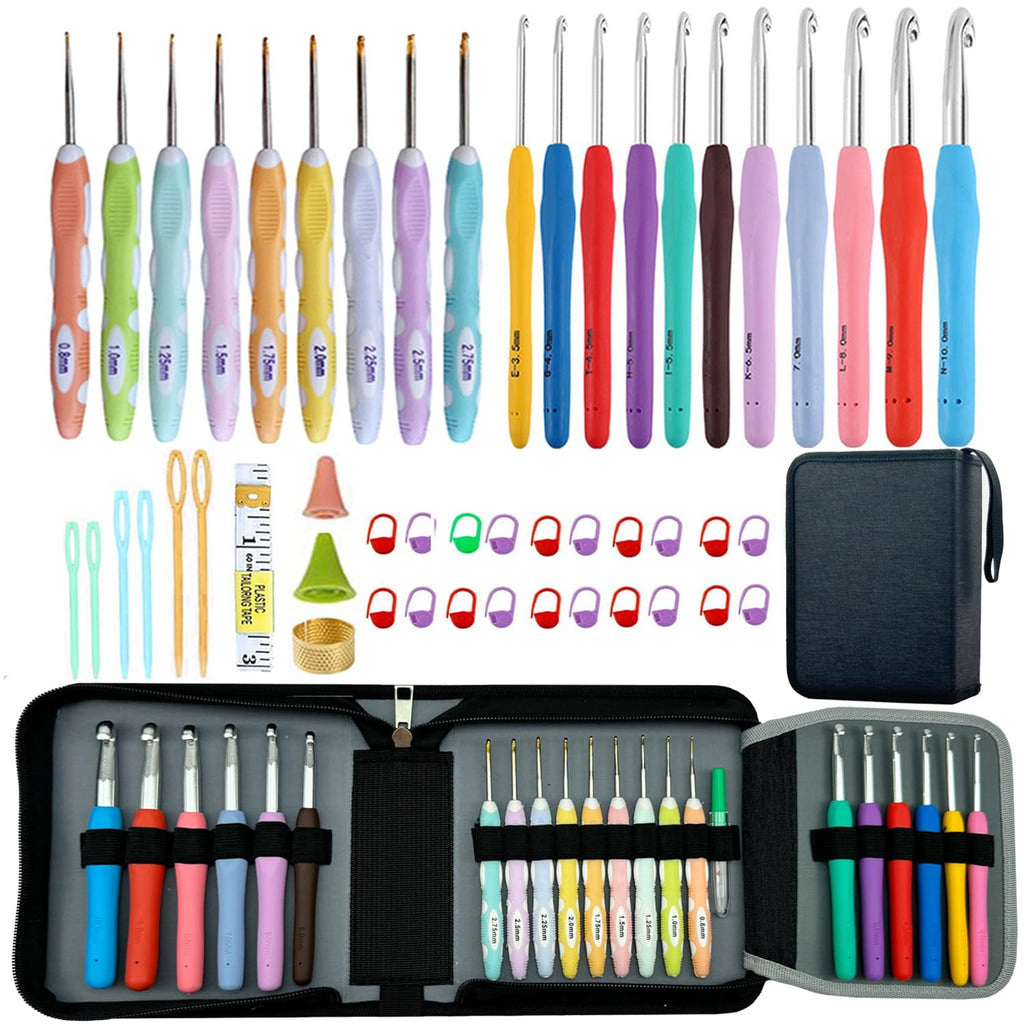 Full set of 21 ergonomic crochet hooks in various sizes and colors, with accessories and a storage case.