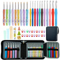 Full set of 21 ergonomic crochet hooks in various sizes and colors, with accessories and a storage case.