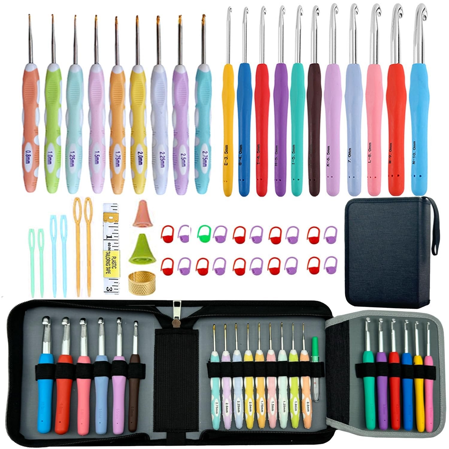 Full set of 21 ergonomic crochet hooks in various sizes and colors, with accessories and a storage case.