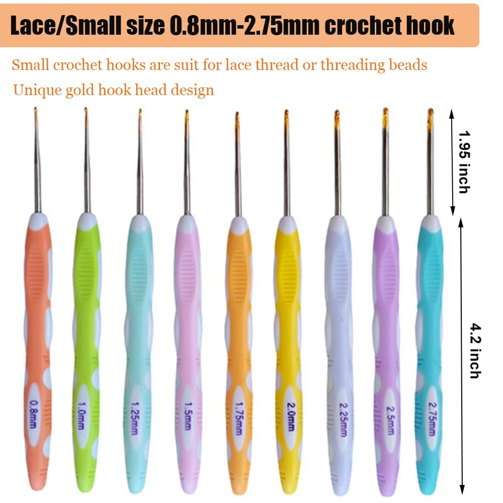 Set of 9 small crochet hooks with ergonomic handles in various colors, showing sizes 0.8mm to 2.75mm.