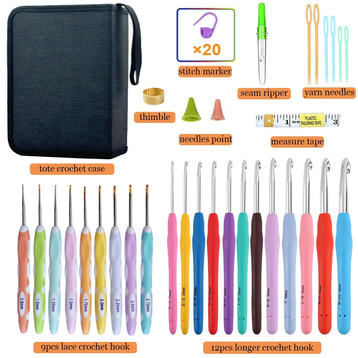 Crochet hook set with case, including 21 hooks, stitch markers, seam ripper, yarn needles, thimble, and measuring tape.
