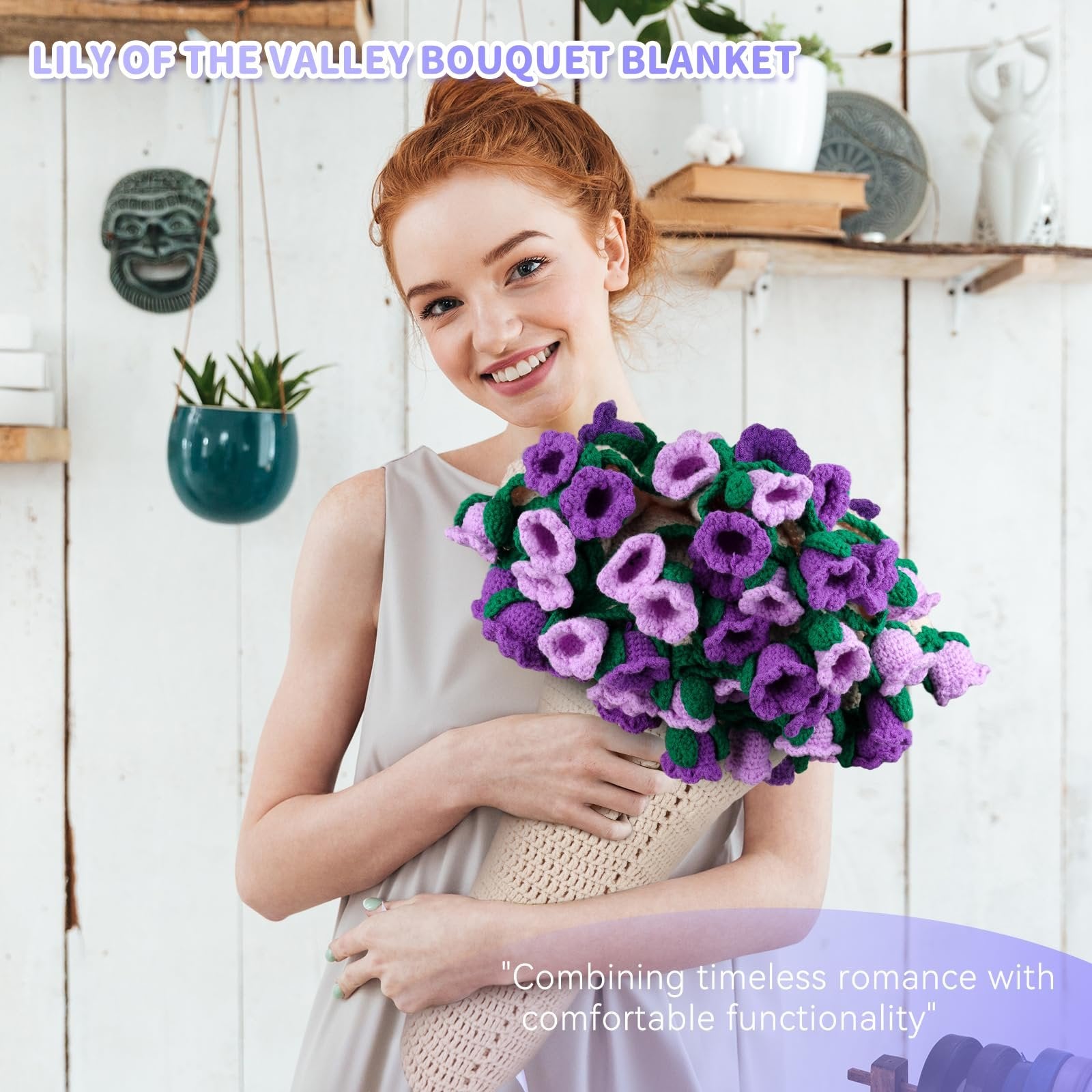 Woman holding a crochet lily of the valley bouquet blanket kit, smiling at the camera.