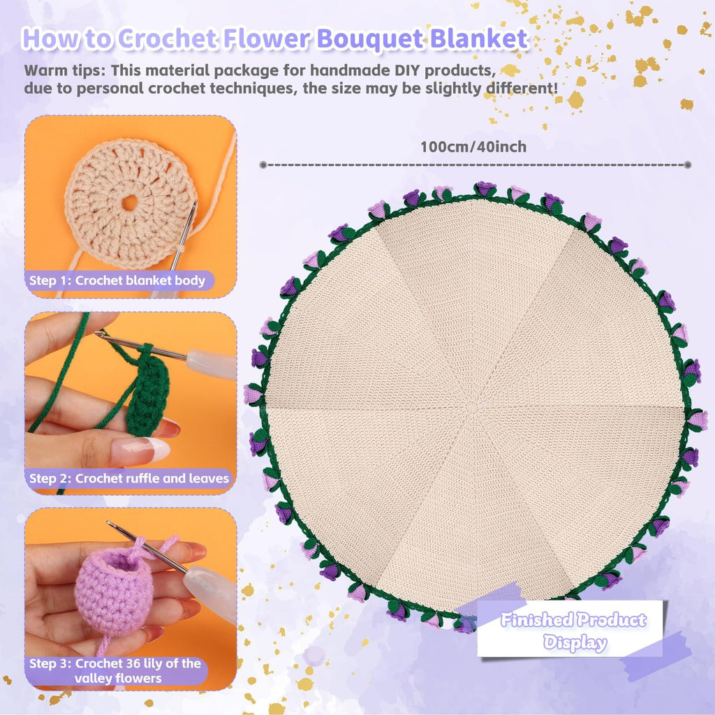 Crochet blanket kit showing steps to create a flower bouquet blanket and the finished product display.