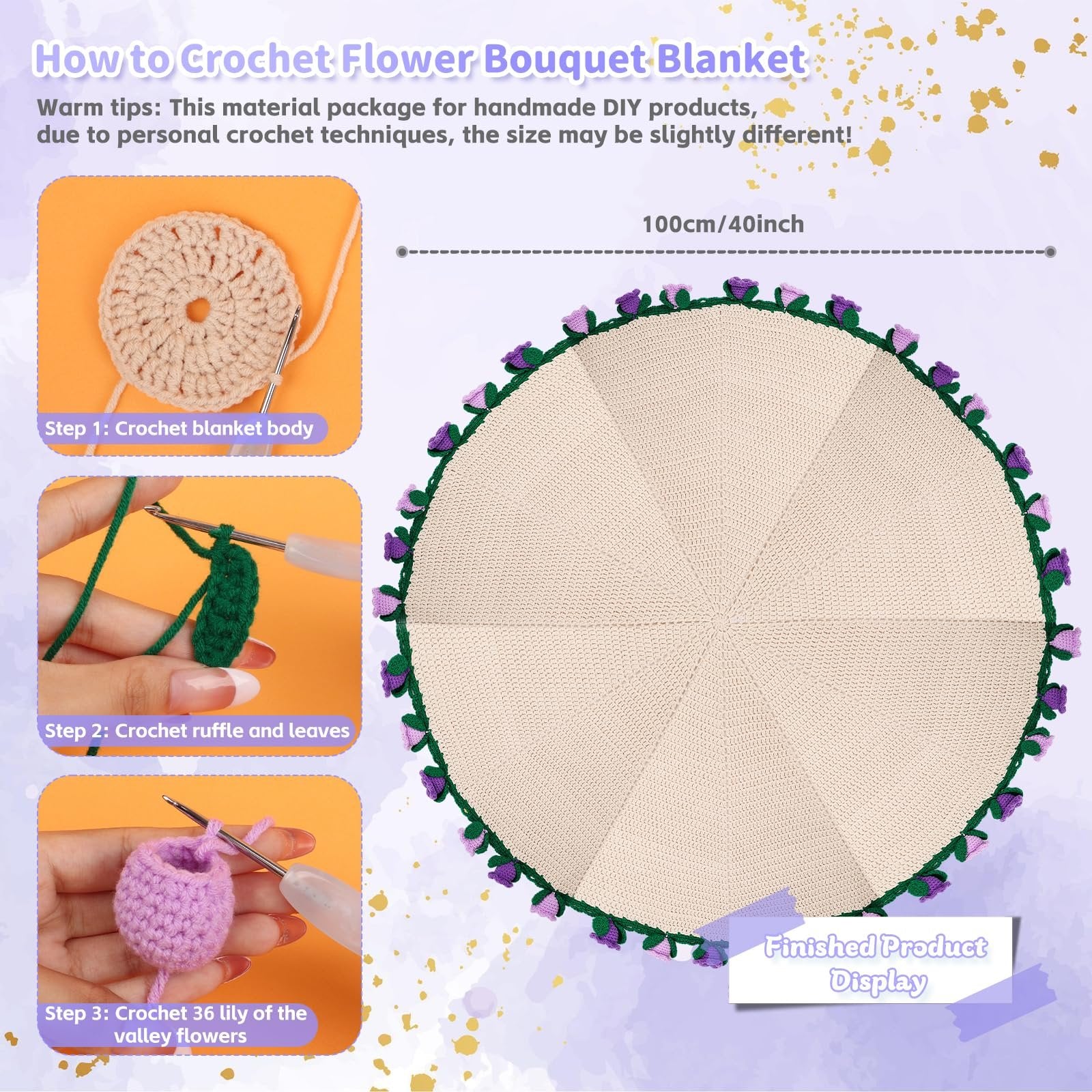Crochet blanket kit showing steps to create a flower bouquet blanket and the finished product display.