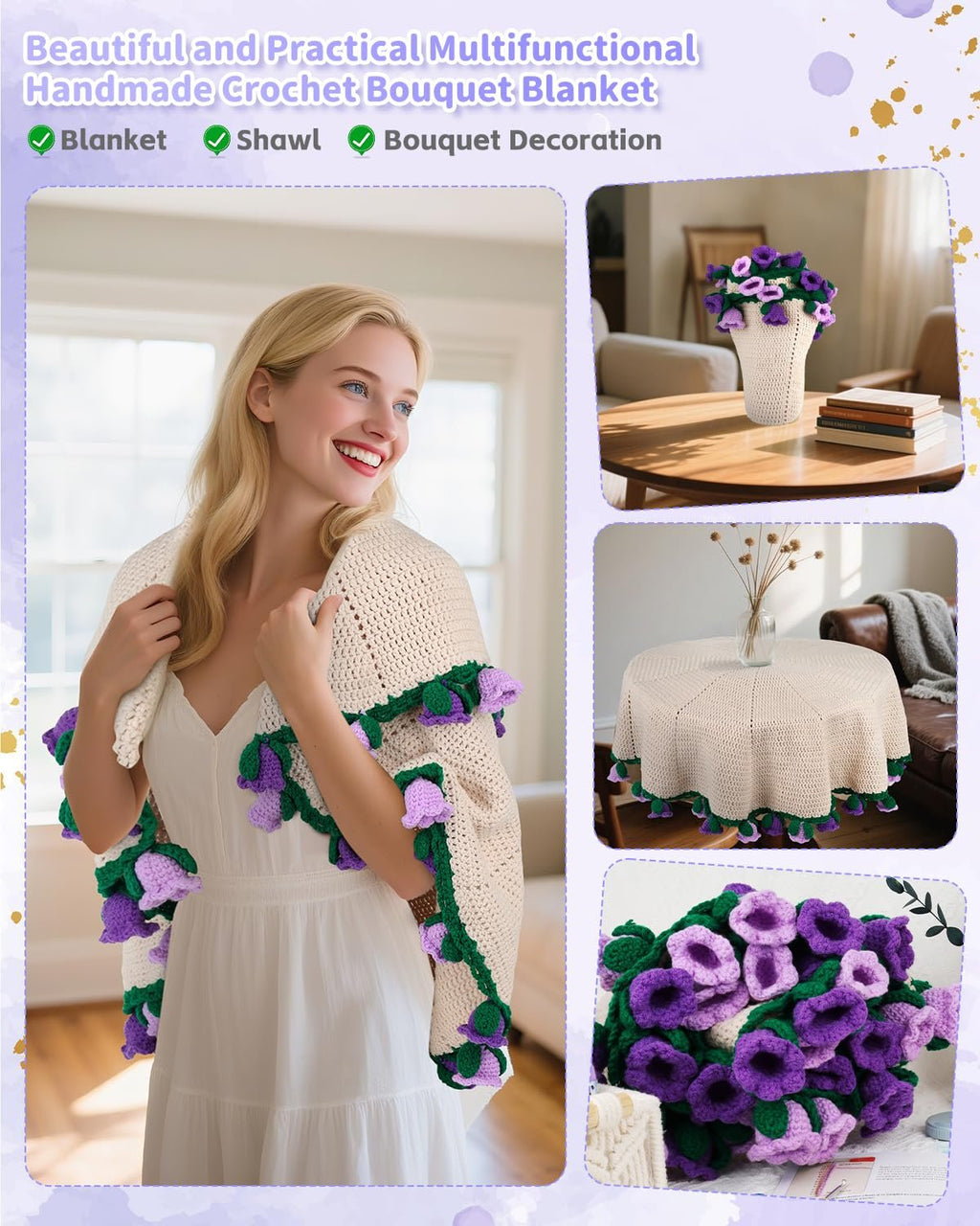 Woman wearing a cream crochet shawl with purple and green flower trim, shown with inset images of a crochet vase arrangement and a crochet tablecloth.