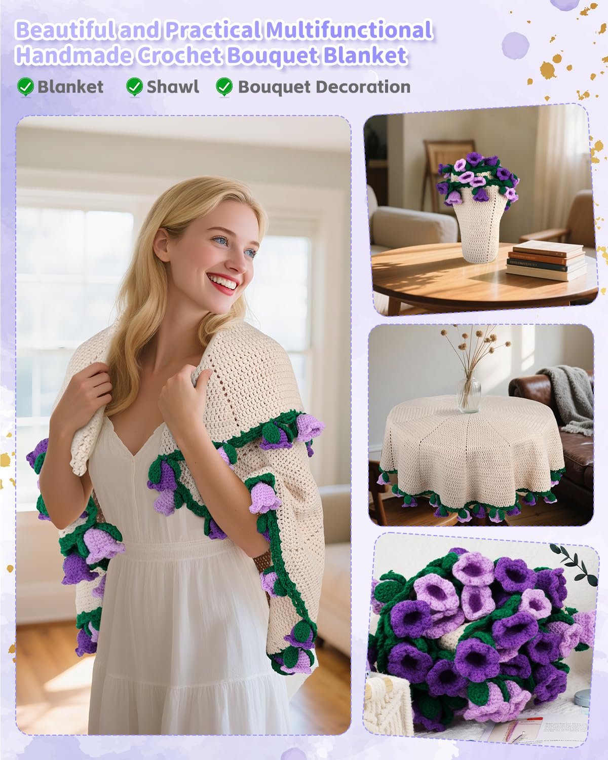 Woman wearing a cream crochet shawl with purple and green flower trim, shown with inset images of a crochet vase arrangement and a crochet tablecloth.