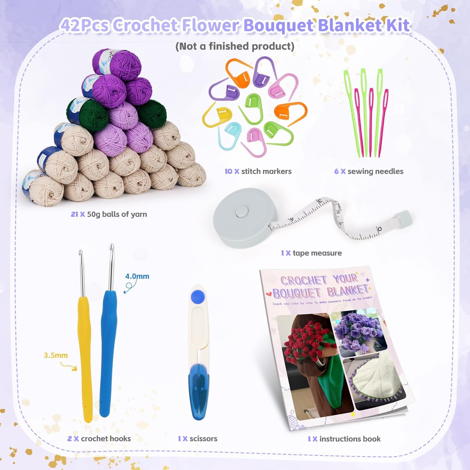 Crochet flower bouquet blanket kit contents including yarn, hooks, needles, stitch markers, tape measure, scissors, and instructions book.
