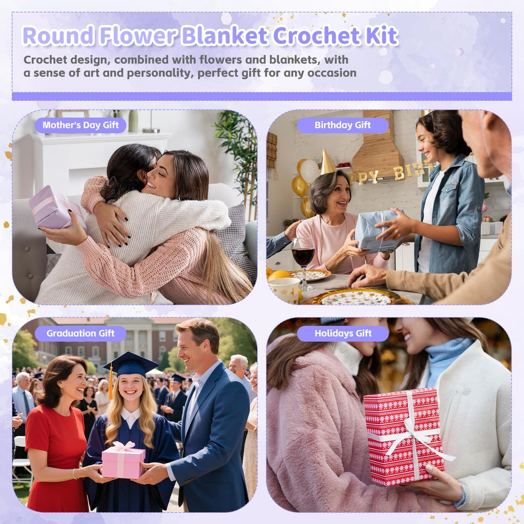 Collage of four scenes showing gift-giving occasions: Mother's Day, Birthday, Graduation, and Holidays, with text overlays.