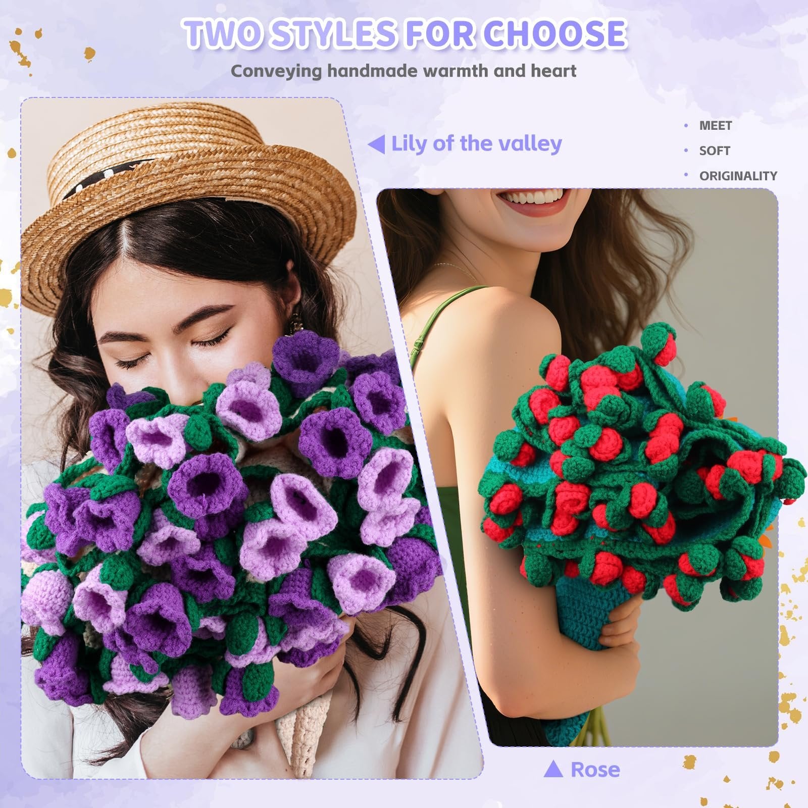 Two women holding crochet flower bouquets, one purple lily of the valley, one red and green rose style.