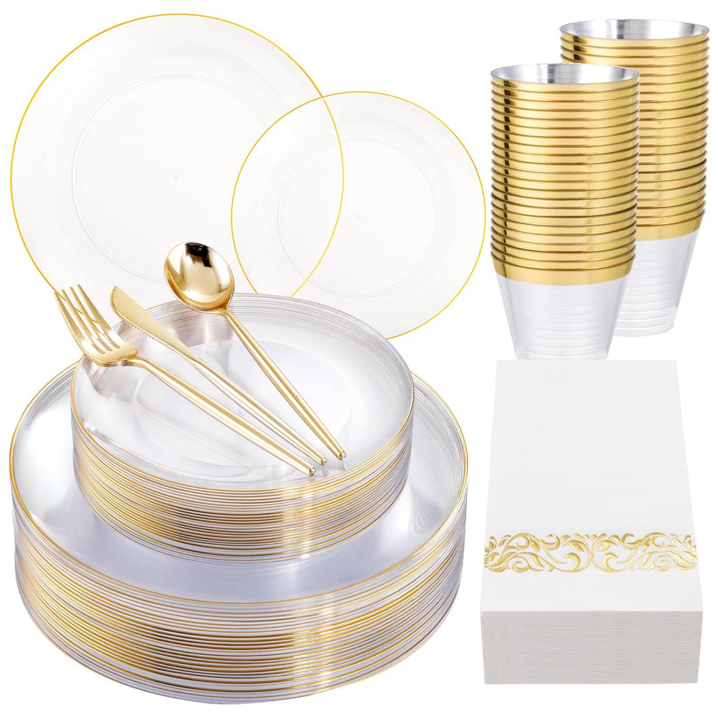 Clear and gold plastic party plate set with gold cutlery and gold-rimmed cups and napkins