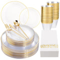 Clear and gold plastic party plate set with gold cutlery and gold-rimmed cups and napkins