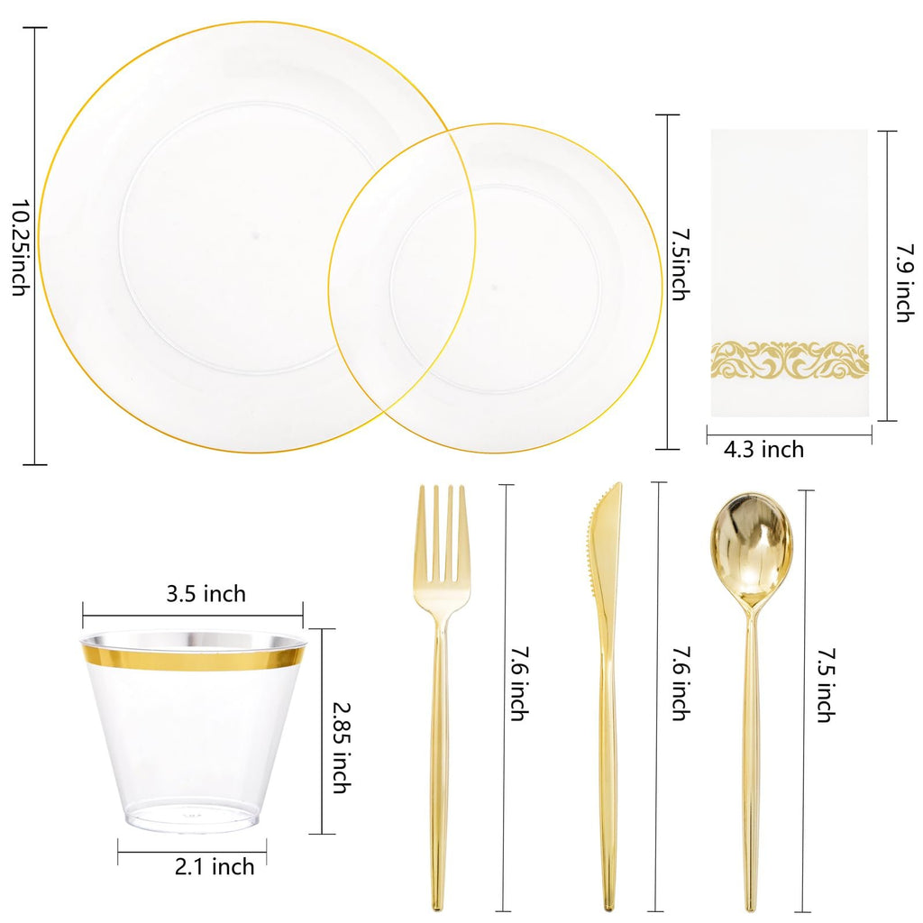 Clear and gold plastic party plates, cups, napkins, forks, knives, and spoons with dimension labels.