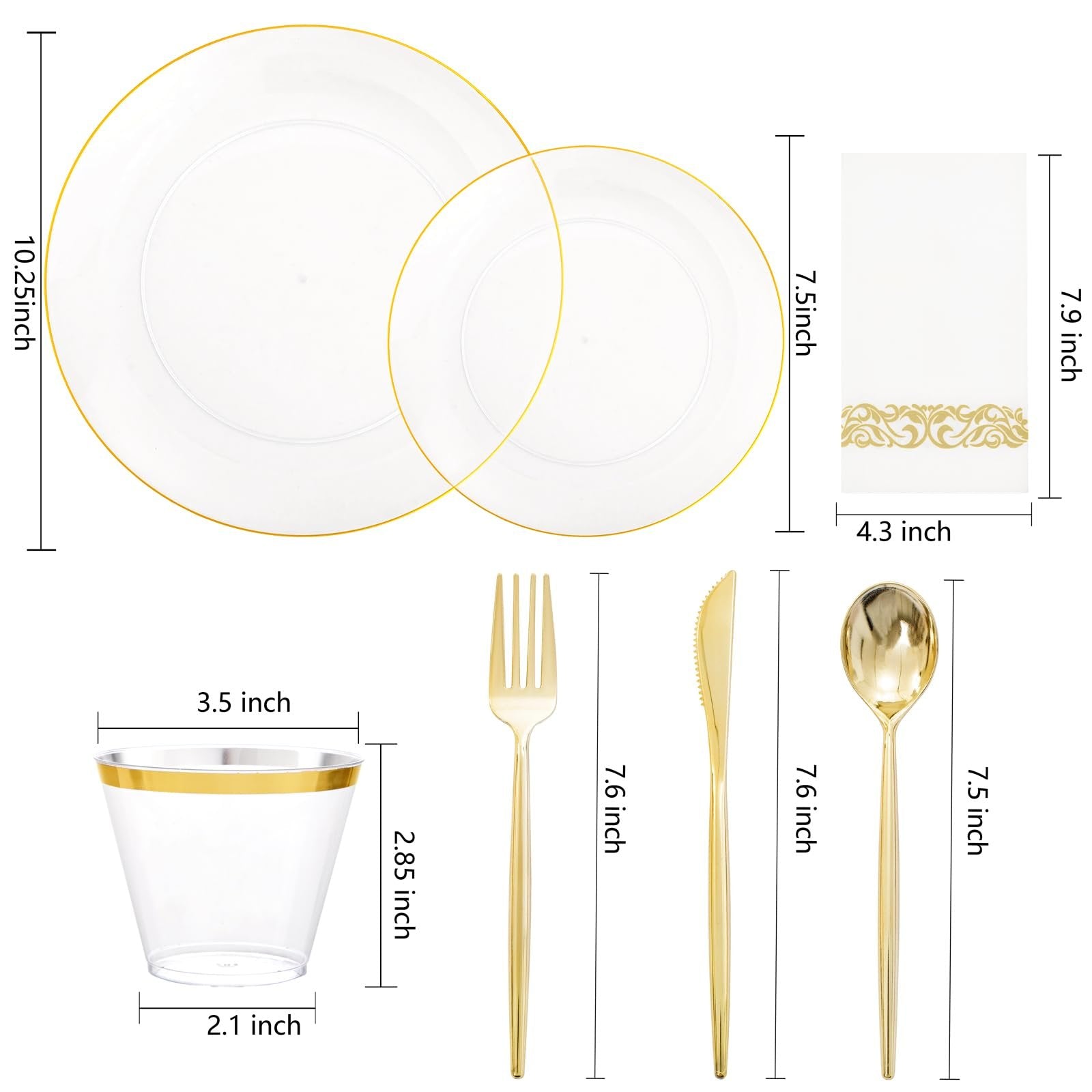 Clear and gold plastic party plates, cups, napkins, forks, knives, and spoons with dimension labels.
