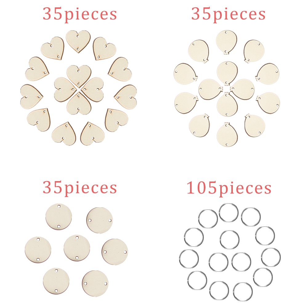 Four arrangements of wooden craft tags and metal rings: heart shapes, balloon shapes, circles, and rings.