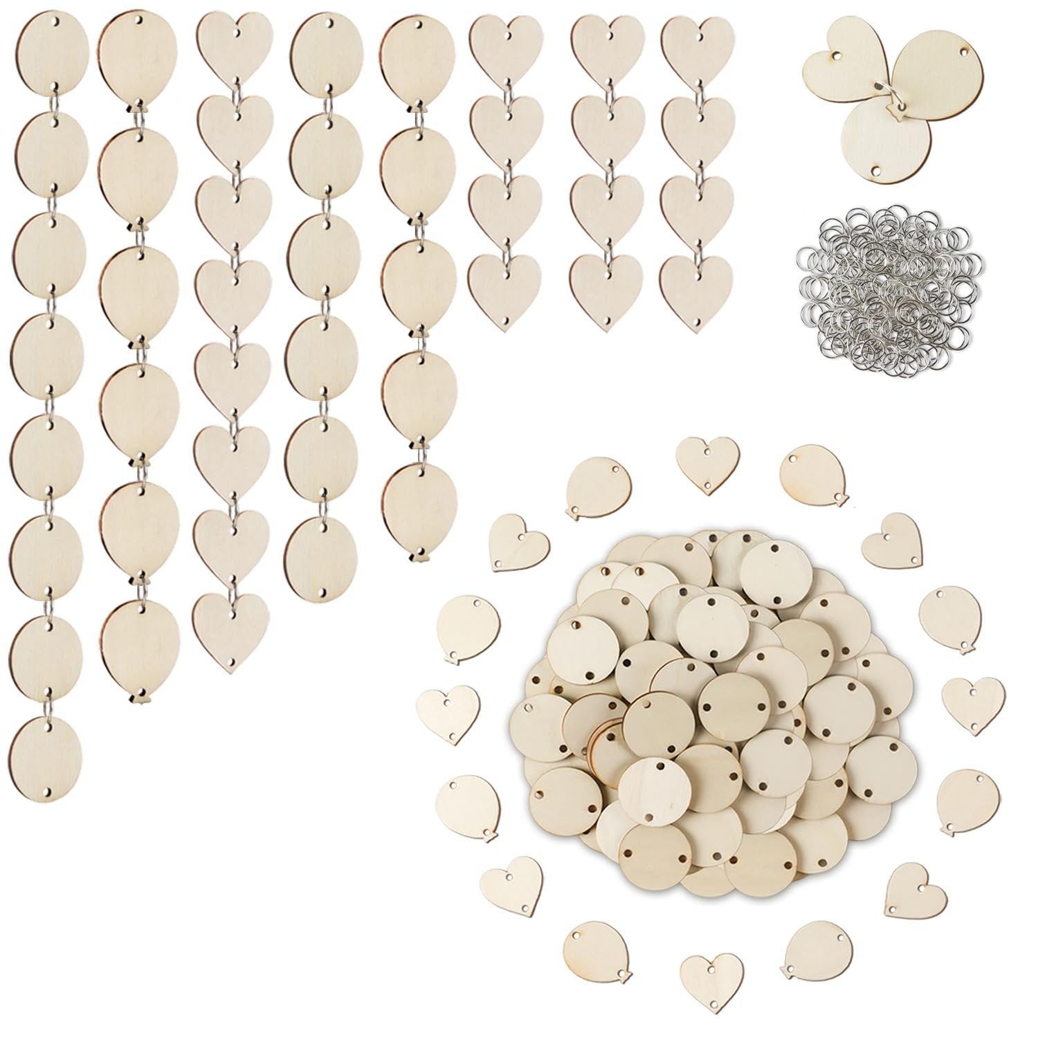 Wooden heart and circle craft tags with jump rings for DIY projects, shown in various arrangements.