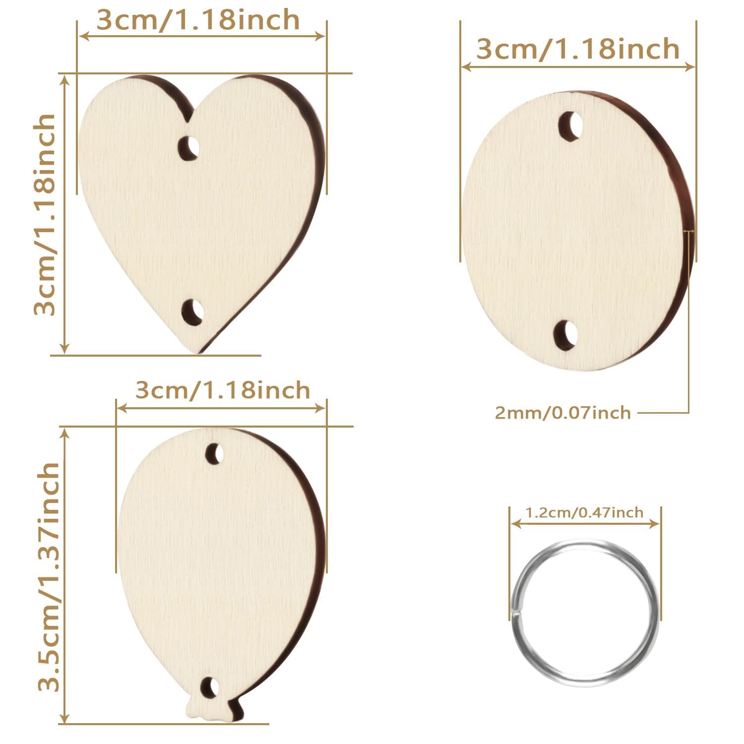 Wooden heart, circle, and balloon tags with measurement callouts and a metal ring.