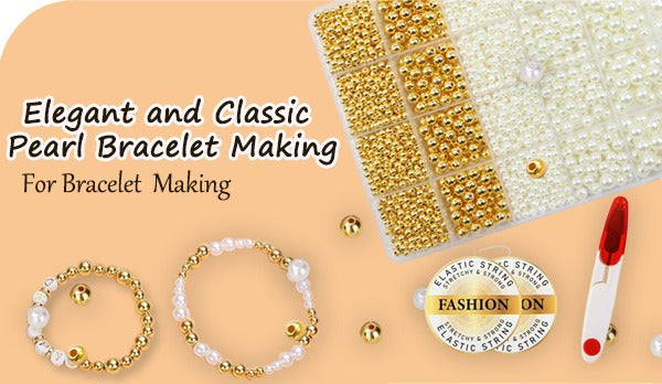 Pearl and gold bead kit for bracelet making, includes beads, elastic string, and tools.