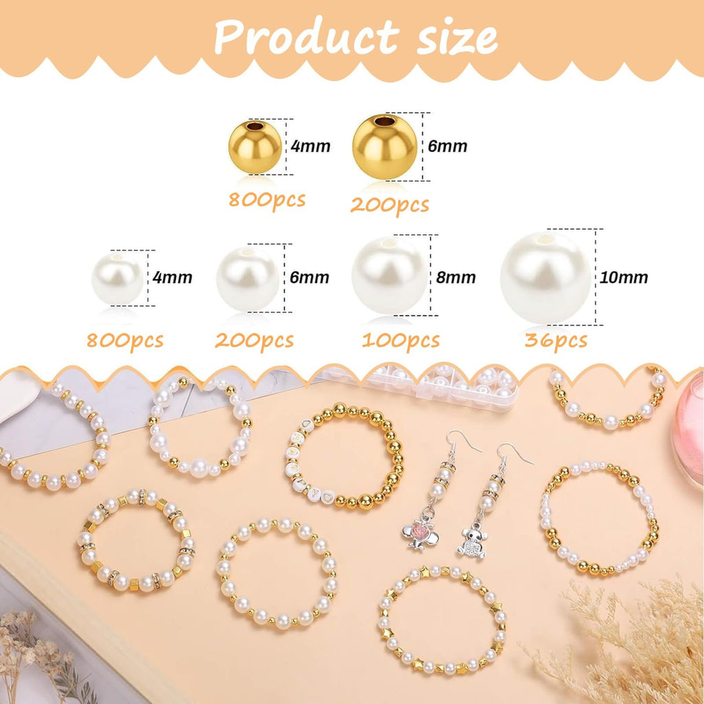 Bracelet bead kit showing various sizes of gold and pearl beads, finished bracelets, and earrings.