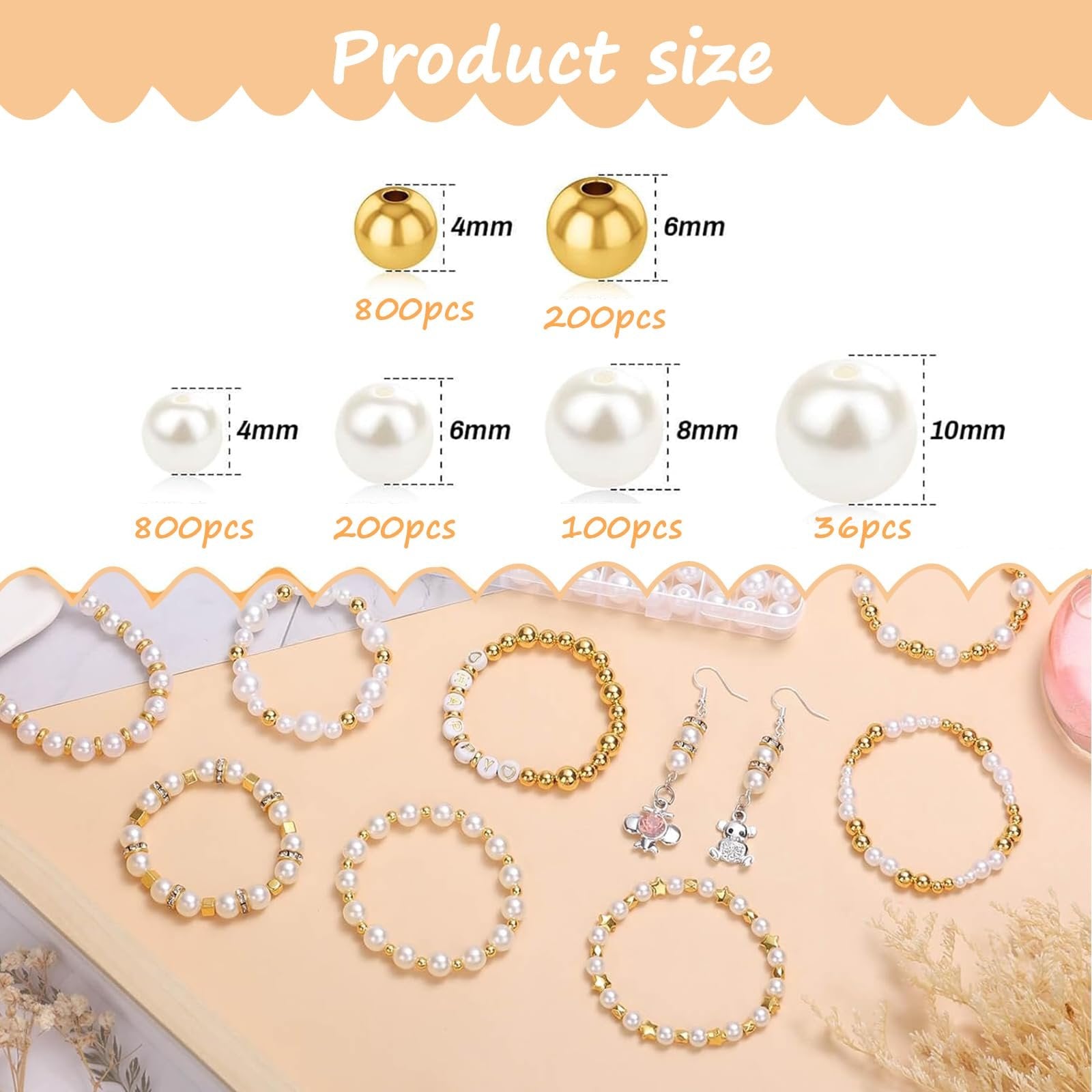 Bracelet bead kit showing various sizes of gold and pearl beads, finished bracelets, and earrings.