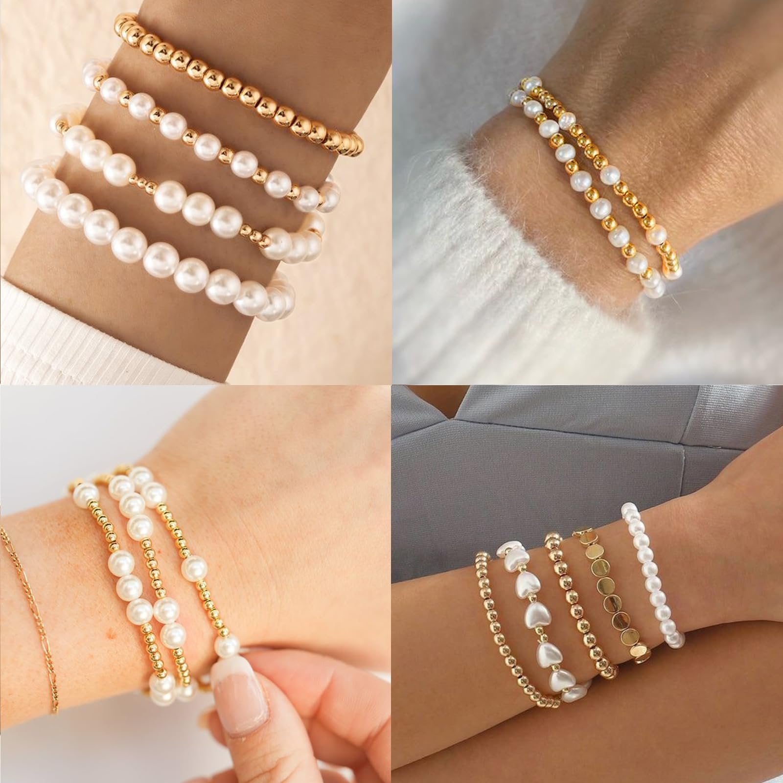 Collage of four images showing different bracelet styles with pearl and gold beads on wrists.