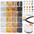 Jewelry making kit with assorted crimp beads, clasps, jump rings, pliers, and string on spools.
