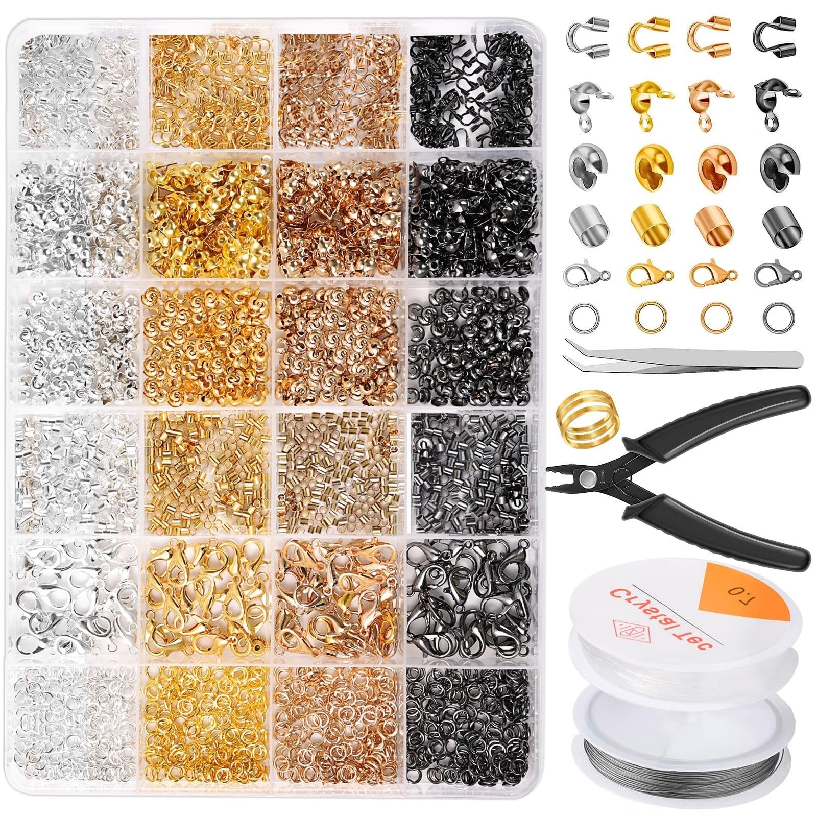 Jewelry making kit with assorted crimp beads, clasps, jump rings, pliers, and string on spools.