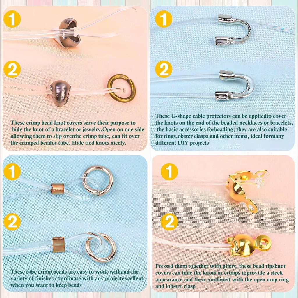 Four panels demonstrating jewelry making findings: crimp bead covers, U-shape cable protectors, tube crimp beads, and bead tips with clasps.