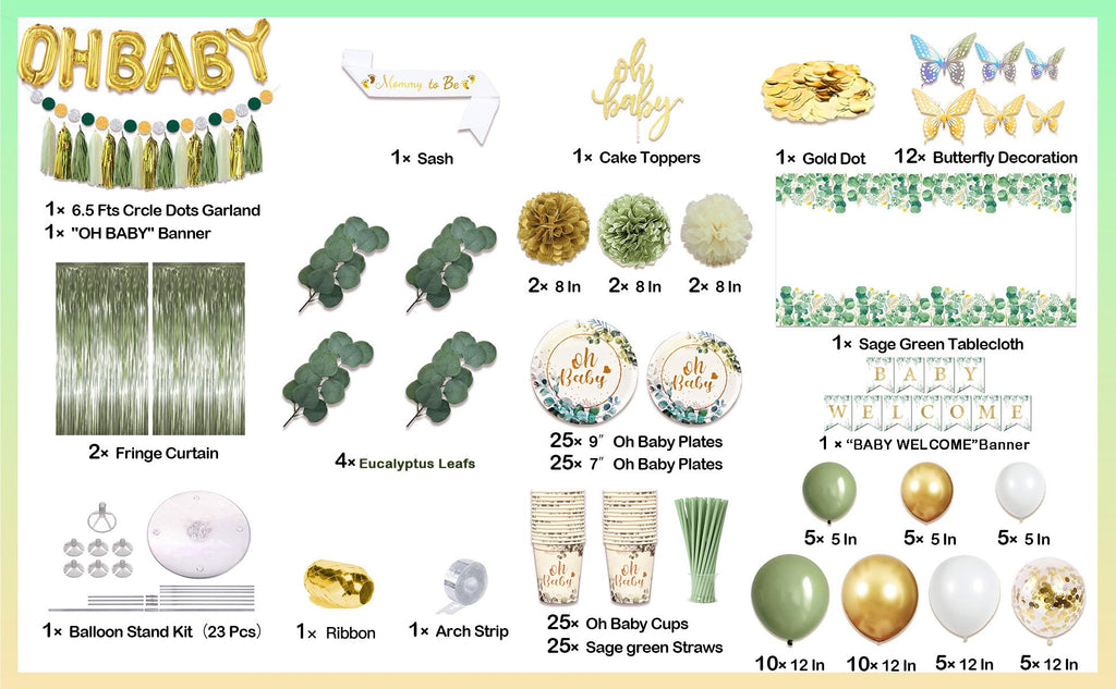 Sage green baby shower decoration set contents including balloons, banners, plates, cups, and eucalyptus leaves.