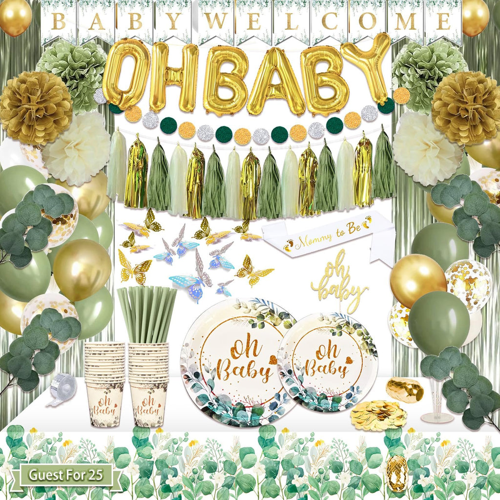 Sage green and gold baby shower decorations including balloons, banner, plates, cups, and cake topper.