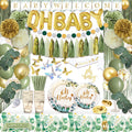 Sage green and gold baby shower decorations including balloons, banner, plates, cups, and cake topper.