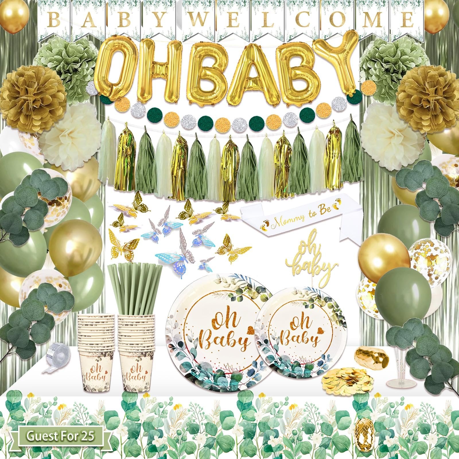 Sage green and gold baby shower decorations including balloons, banner, plates, cups, and cake topper.