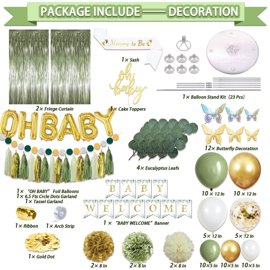 Sage green and gold baby shower decoration set contents including balloons, banner, sash, cake topper, curtains, and eucalyptus leaves.