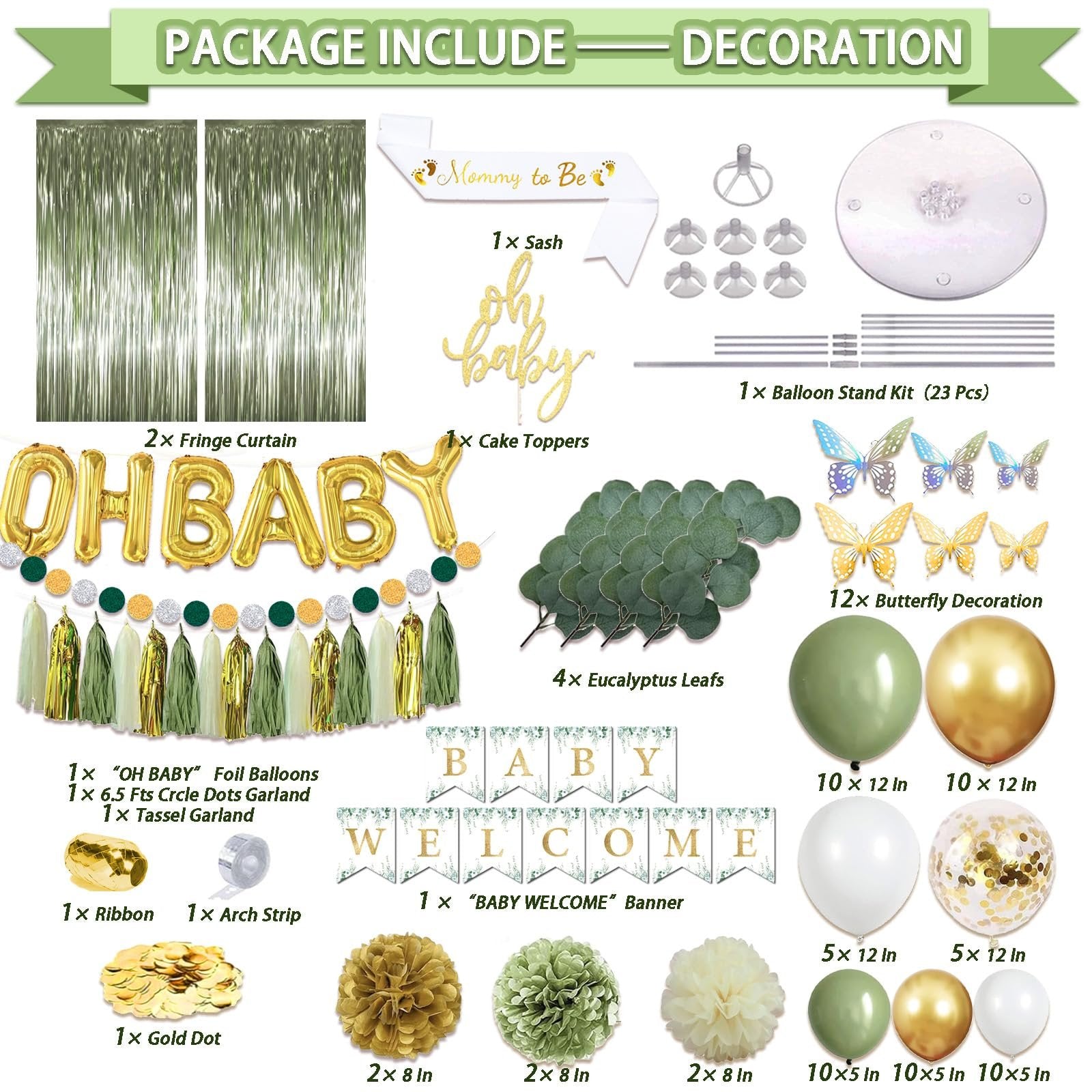 Sage green and gold baby shower decoration set contents including balloons, banner, sash, cake topper, curtains, and eucalyptus leaves.