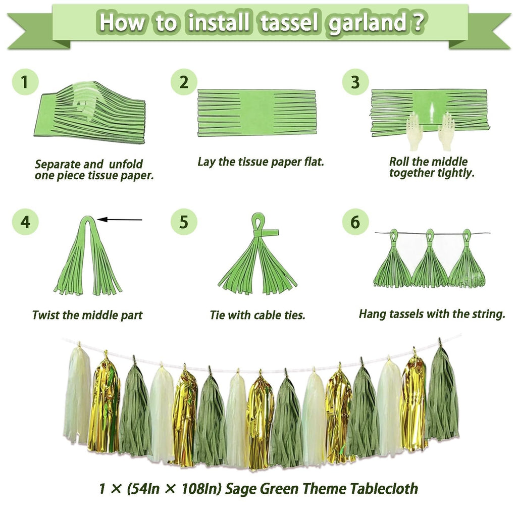 Instructions for assembling tassel garlands and a sage green theme tablecloth shown.