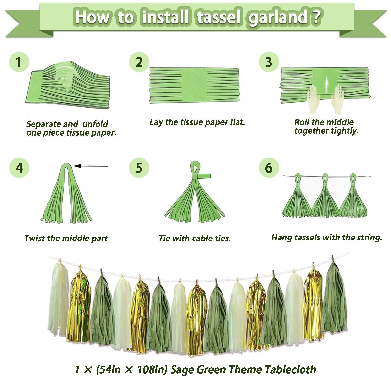 Instructions for assembling tassel garlands and a sage green theme tablecloth shown.