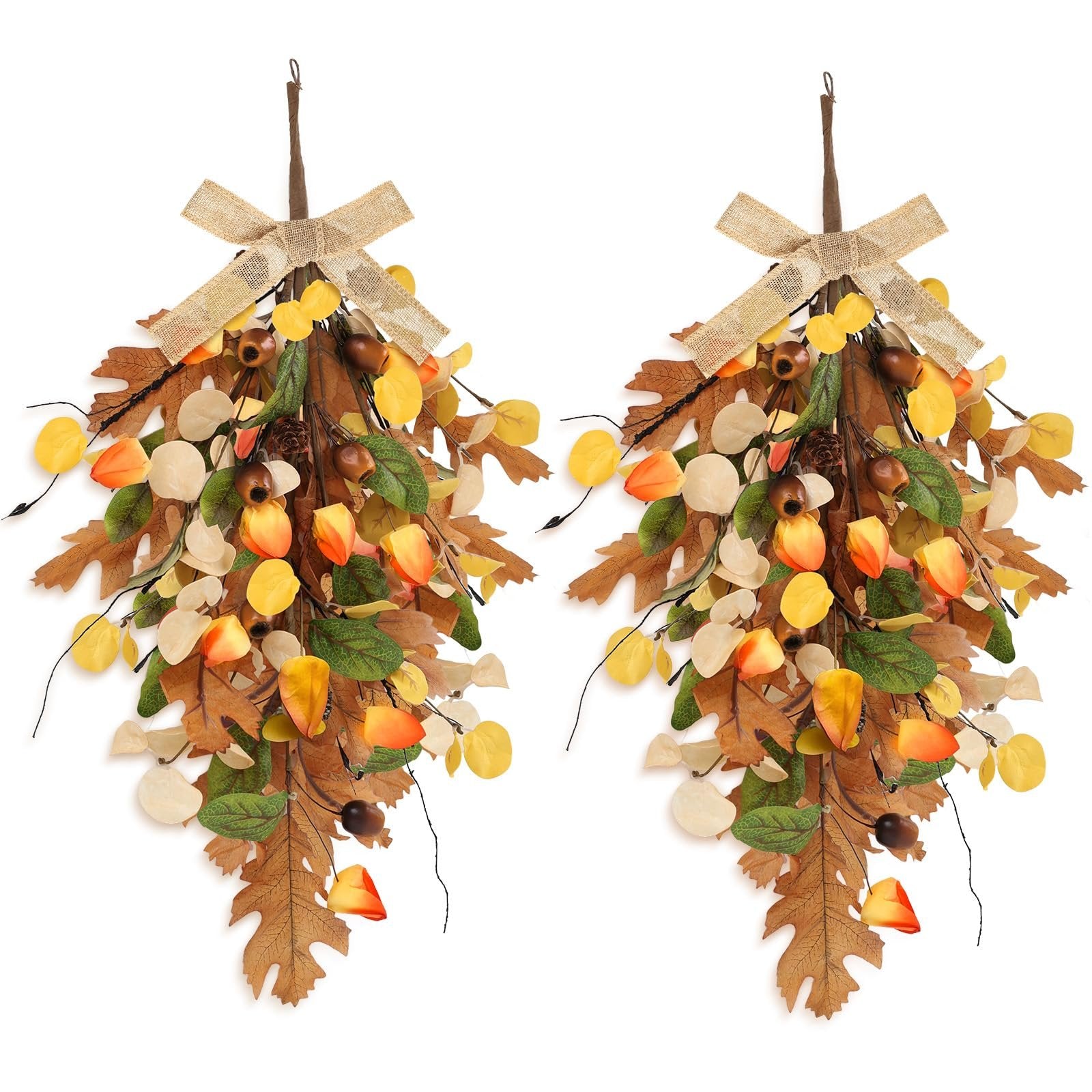 Two fall teardrop swag wreaths with golden eucalyptus and oak leaves, decorated with acorns and tied with burlap bows.