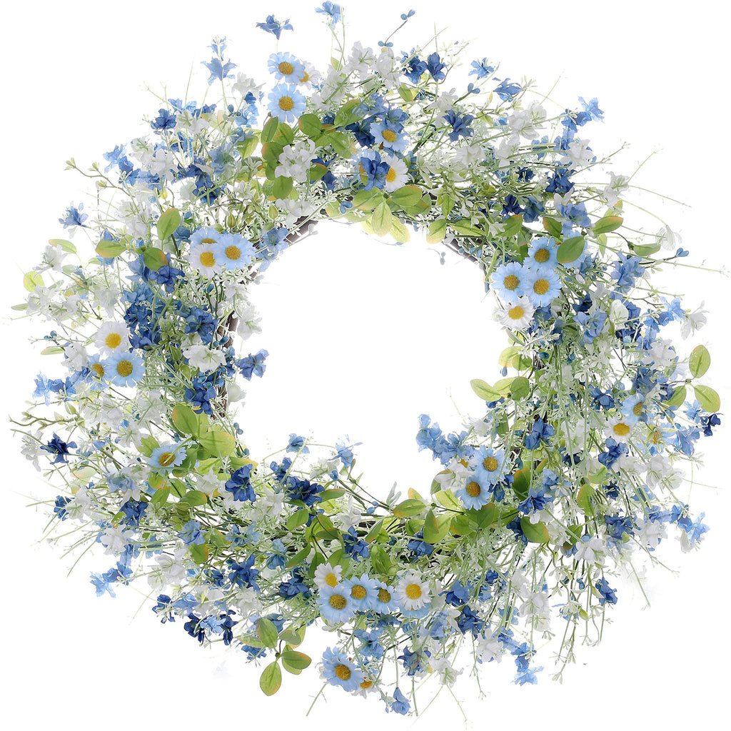 Artificial daisy and wildflower wreath with eucalyptus leaves on a white background