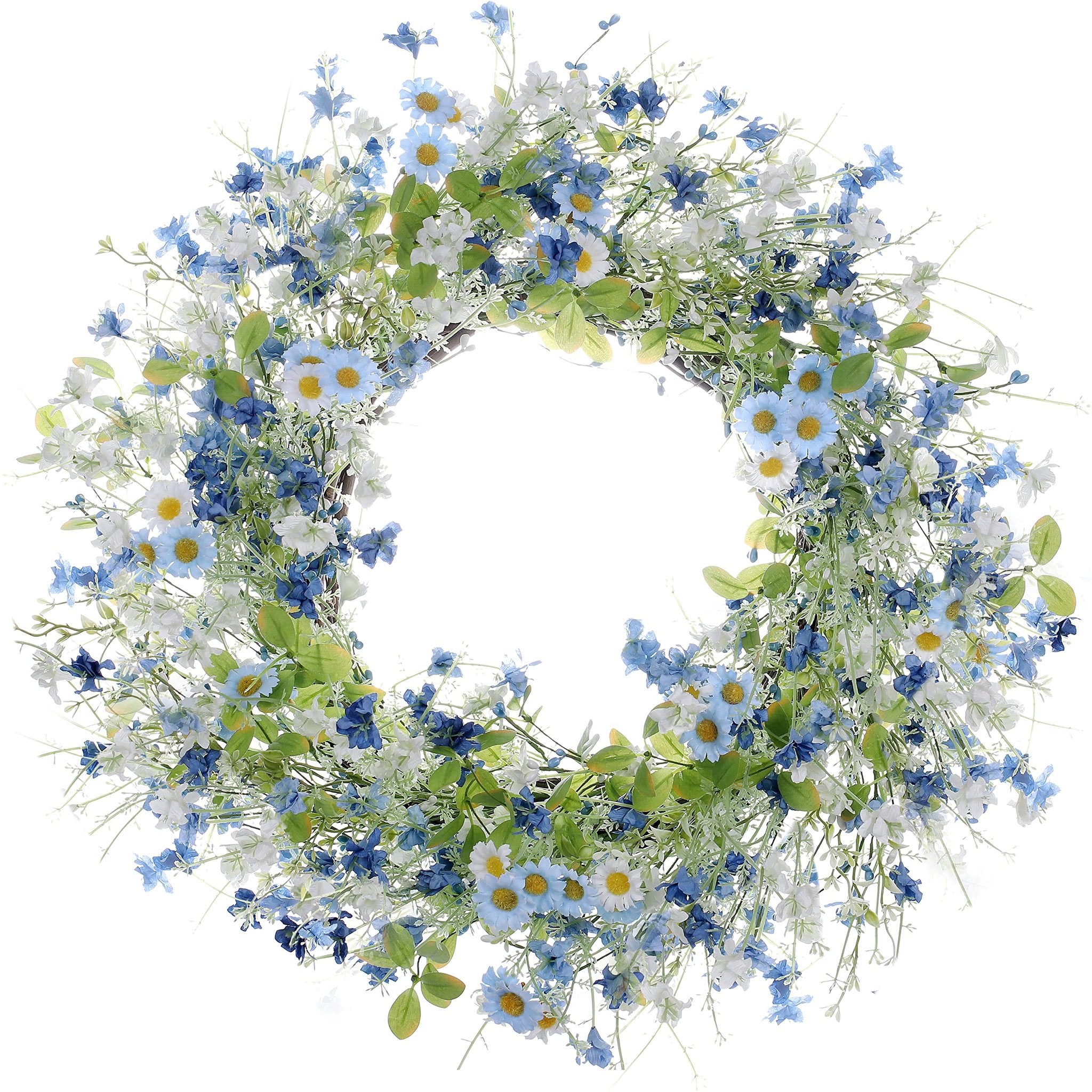 Artificial daisy and wildflower wreath with eucalyptus leaves on a white background