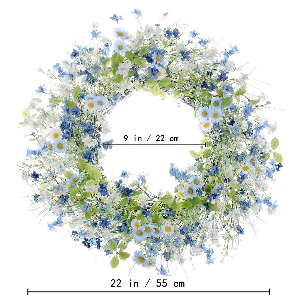 Artificial daisy and wildflower wreath with eucalyptus leaves, showing 22 inch diameter and 9 inch inner diameter.