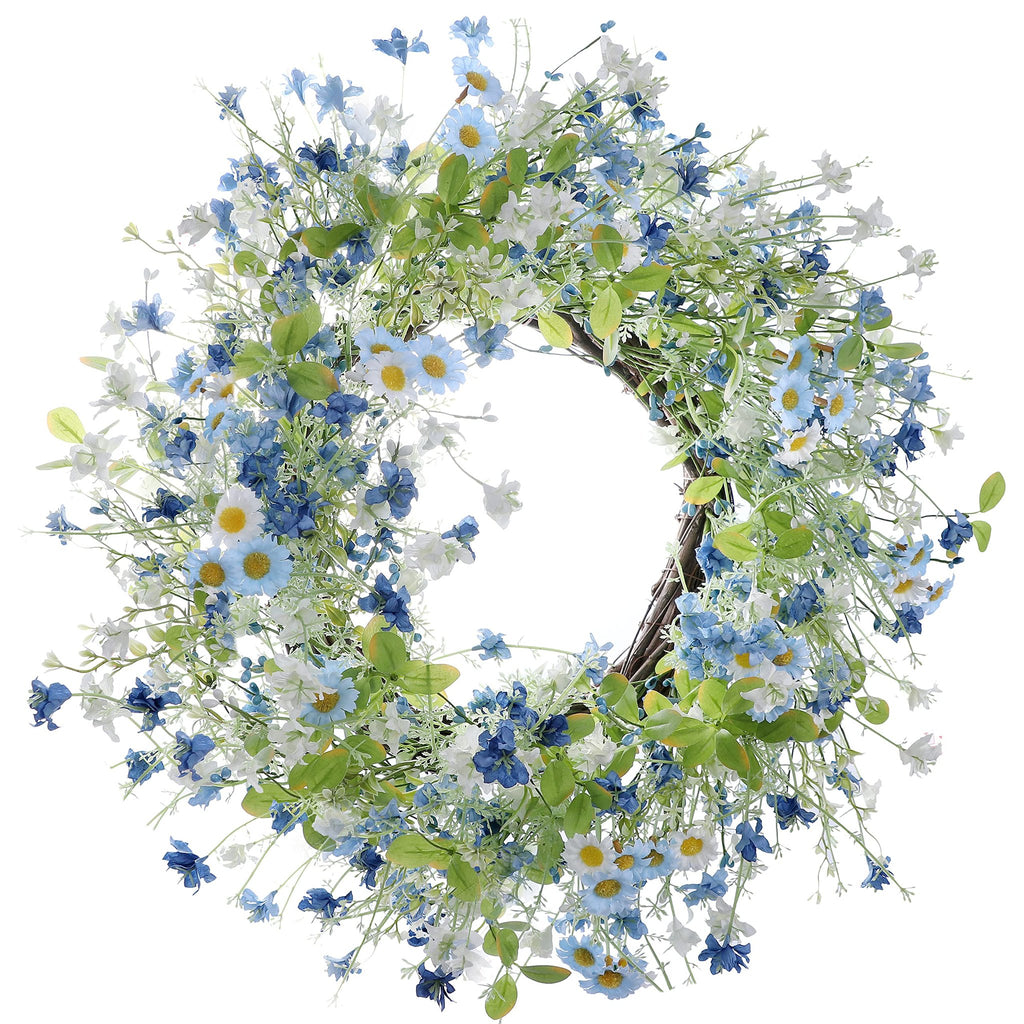 Artificial wreath with blue and white daisies, wildflowers, and green eucalyptus leaves on a twig base.